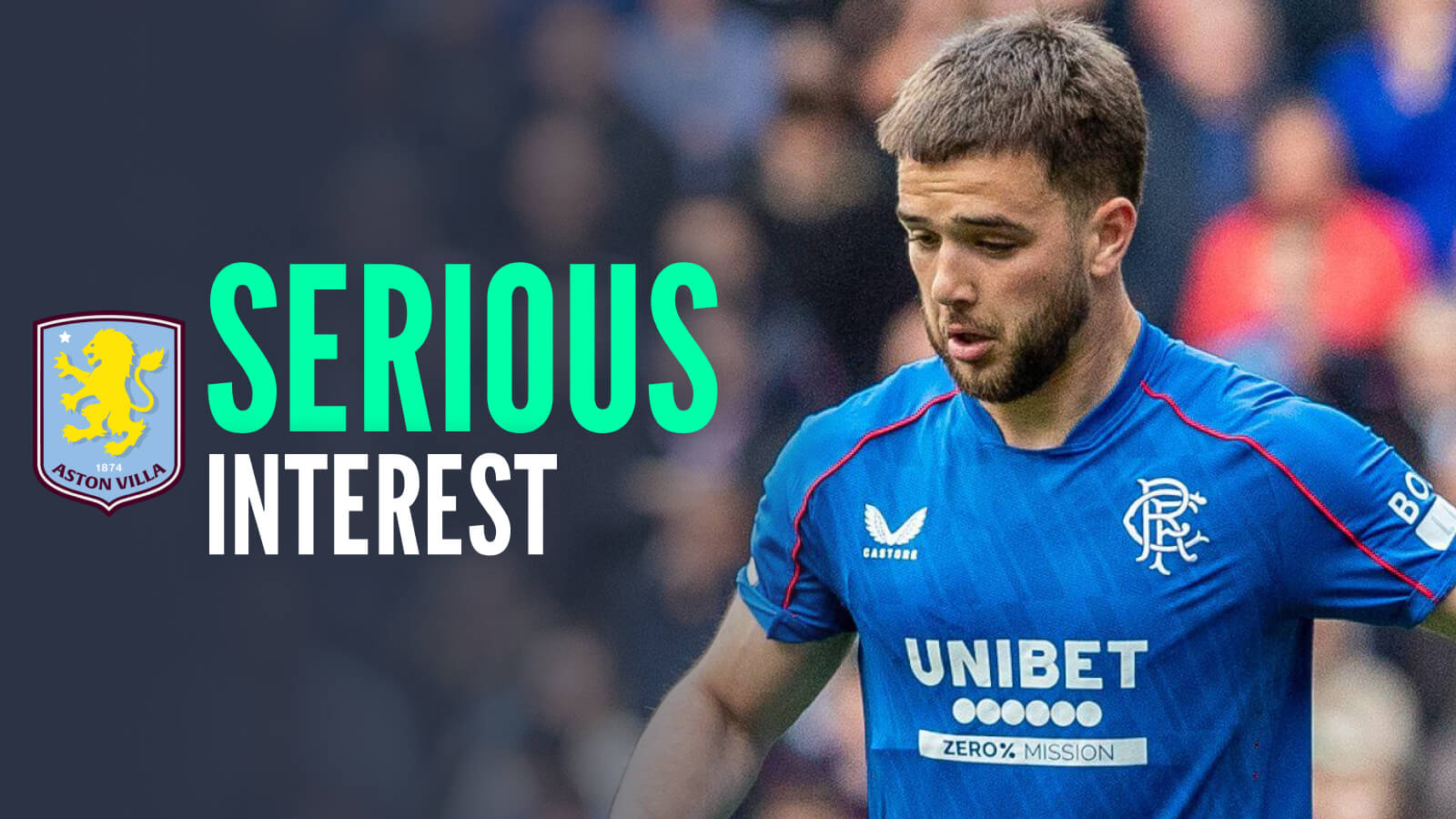 Rangers star Nicolas Raskin with an Aston Villa badge and caption: Serious interest