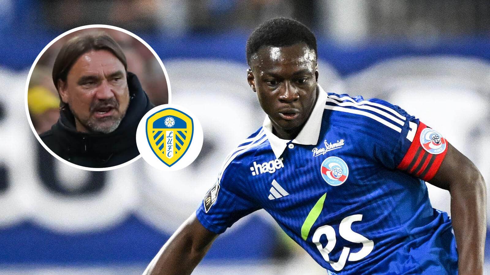 Strasbourg midfielder Habib Diarra is a target for Leeds boss Daniel Farke, inset, pictured alongside the club crest