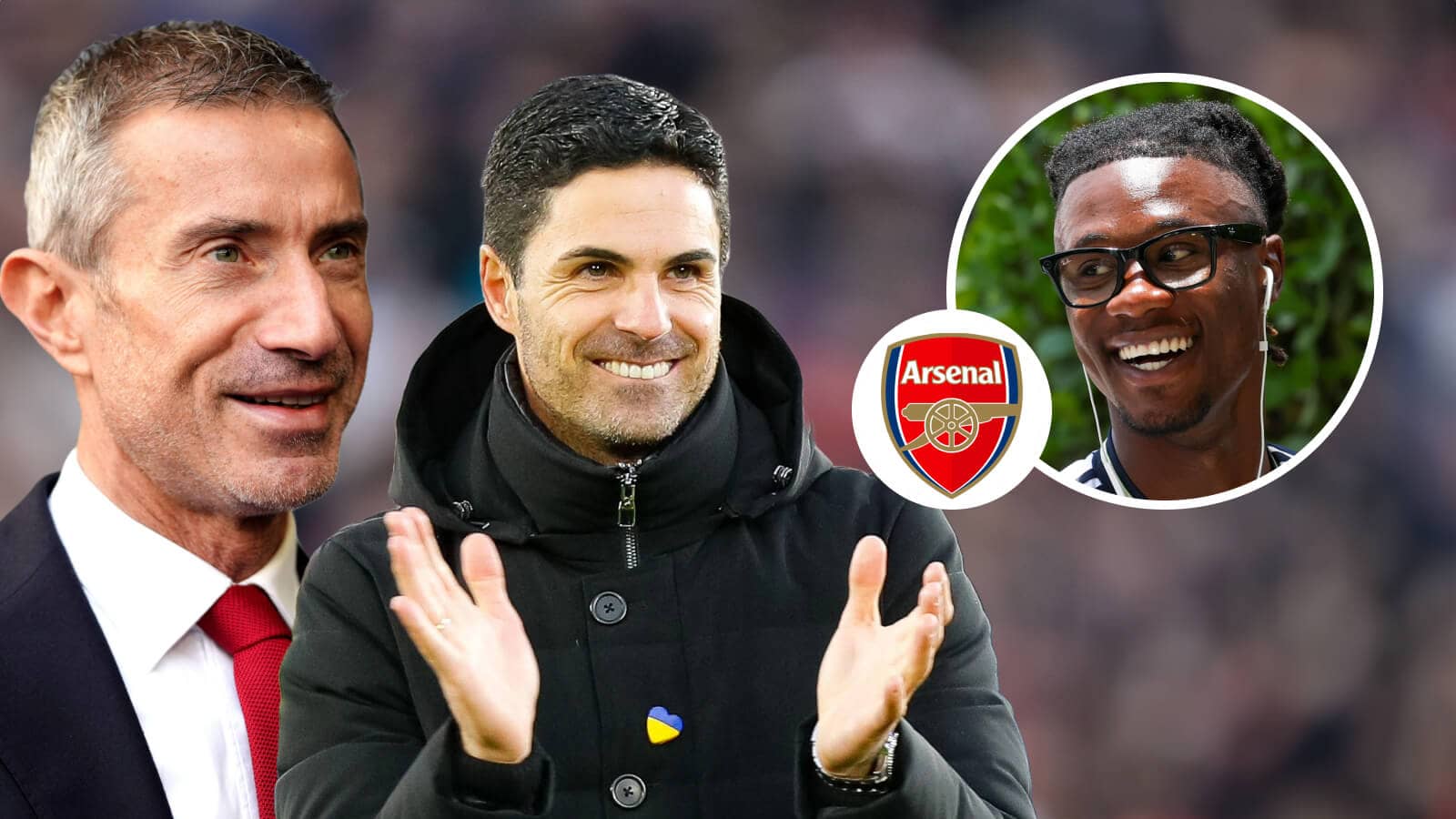 Andrea Berta, Mikel Arteta, Arsenal badge and Real Madrid midfielder Eduardo Camavinga - copyright TEAMtalk