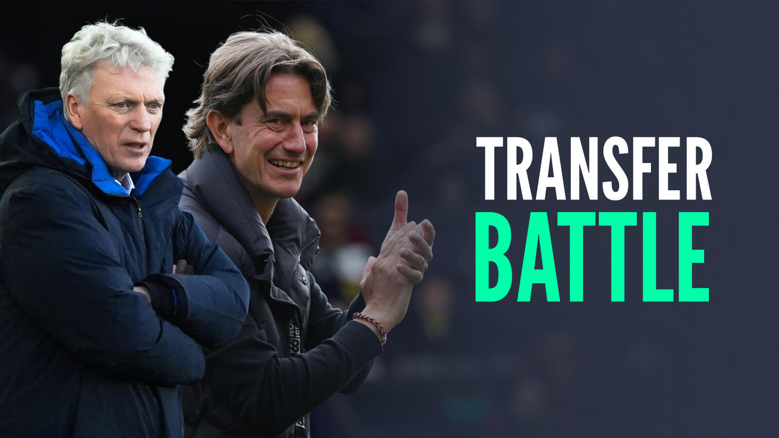 Everton manager David Moyes and Tottenham boss Thomas Frank with caption: Transfer battle