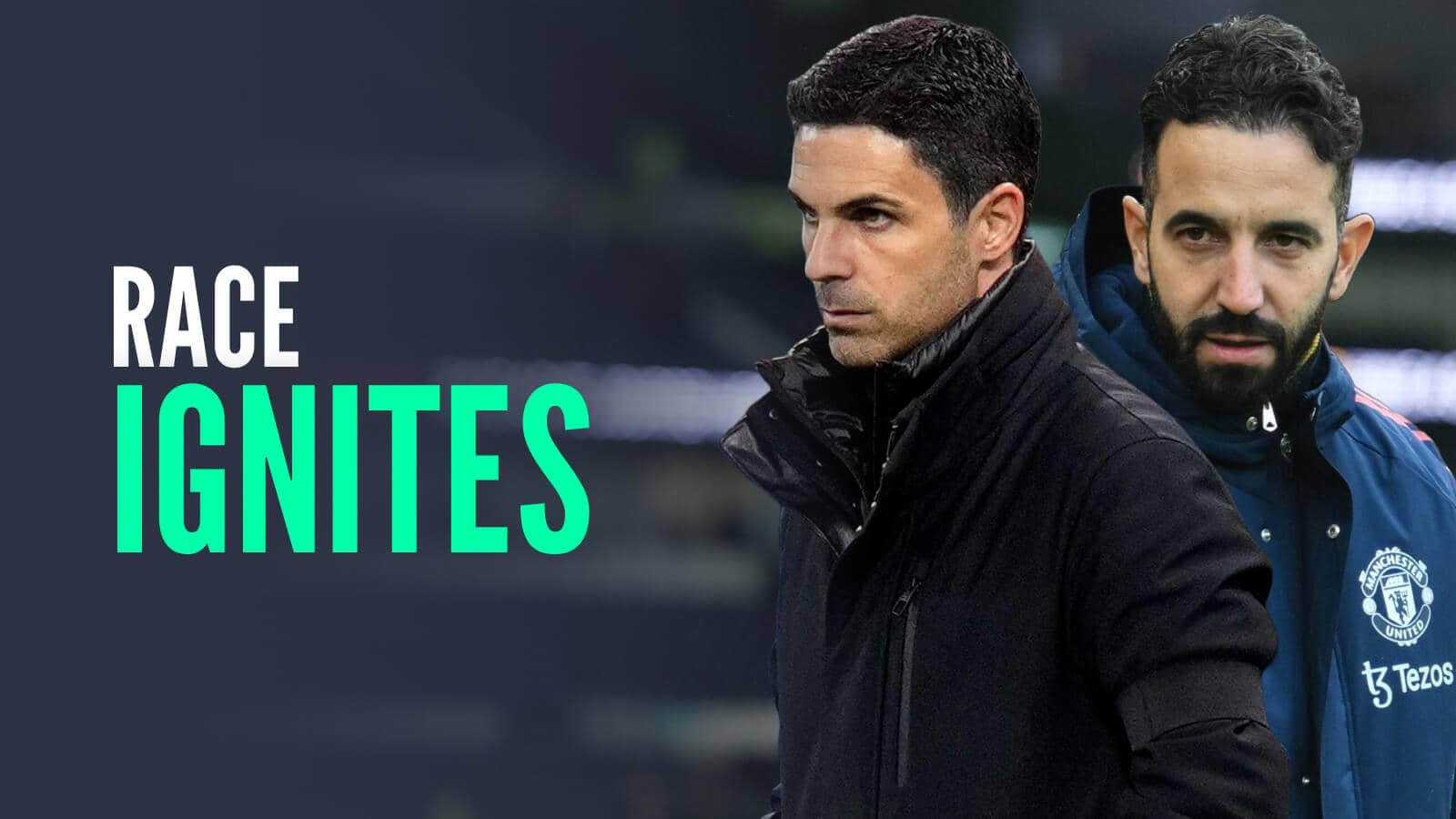 Arsenal manager Mikel Arteta and Manchester United boss Ruben Amorim with caption: Race ignites