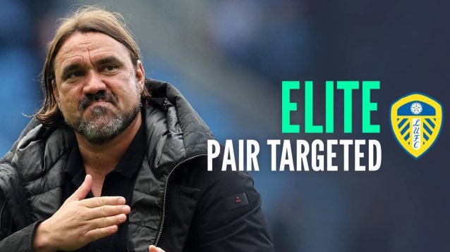 Leeds manager Daniel Farke next to the club badge and the words 'elite pair targeted'