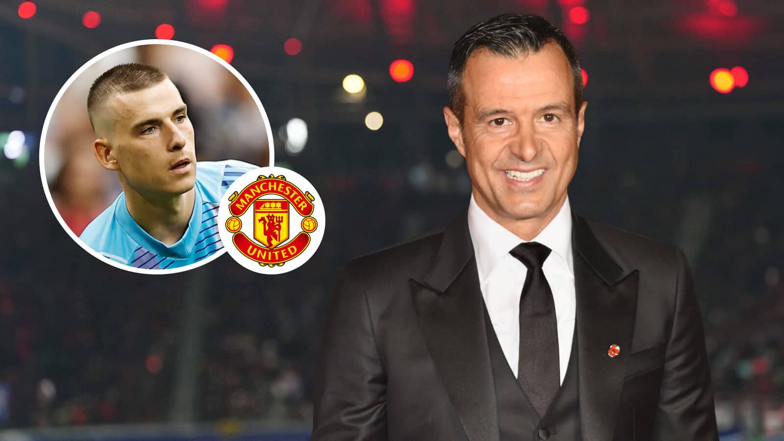 Real Madrid goalkeeper Andriy Lunin, Manchester United badge, and agent Jorge Mendes - copyright TEAMtalk