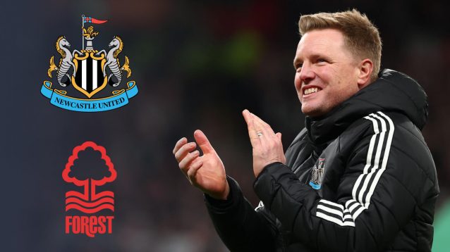 Eddie Howe with Newcastle United and Nottingham Forest badges