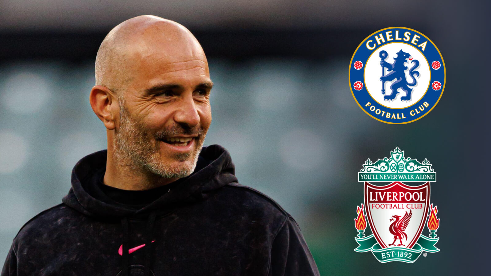 Enzo Maresca with Chelsea and Liverpool badges