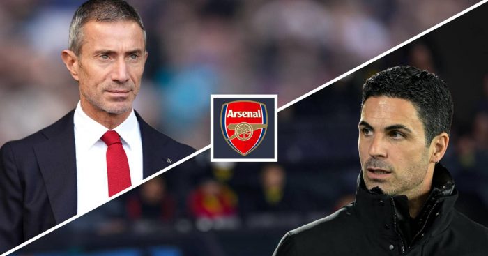 Andrea Berta and Mikel Arteta with the Arsenal badge between them - copyrihght TEAMtalk