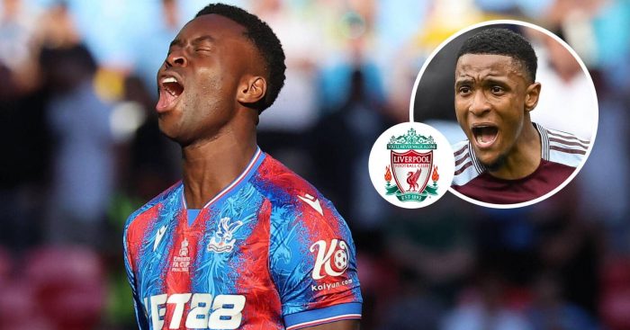 Crystal Palace defender Marc Guehi, Liverpool badge and Aston Villa centre-back Ezri Konsa - copyright TEAMtalk
