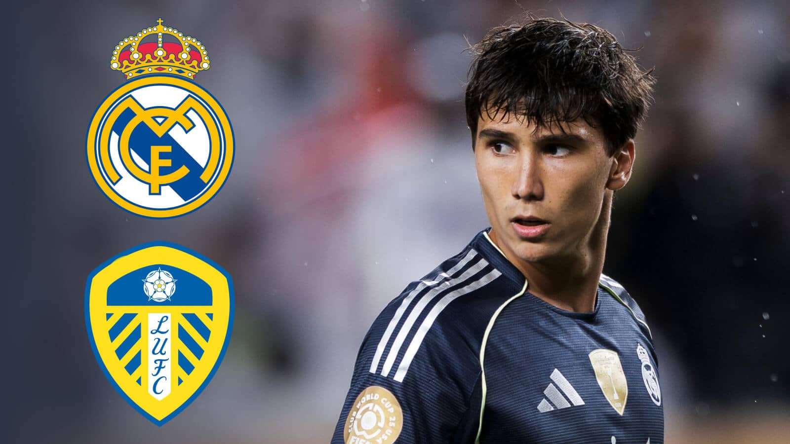 Gonzalo Garcia next to the Real Madrid and Leeds United badges - copyright TEAMtalk