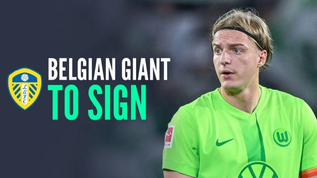 Sebastiaan Bornauw of Wolfsburg next to the Leeds United badge and the words 'Belgian giant to sign'