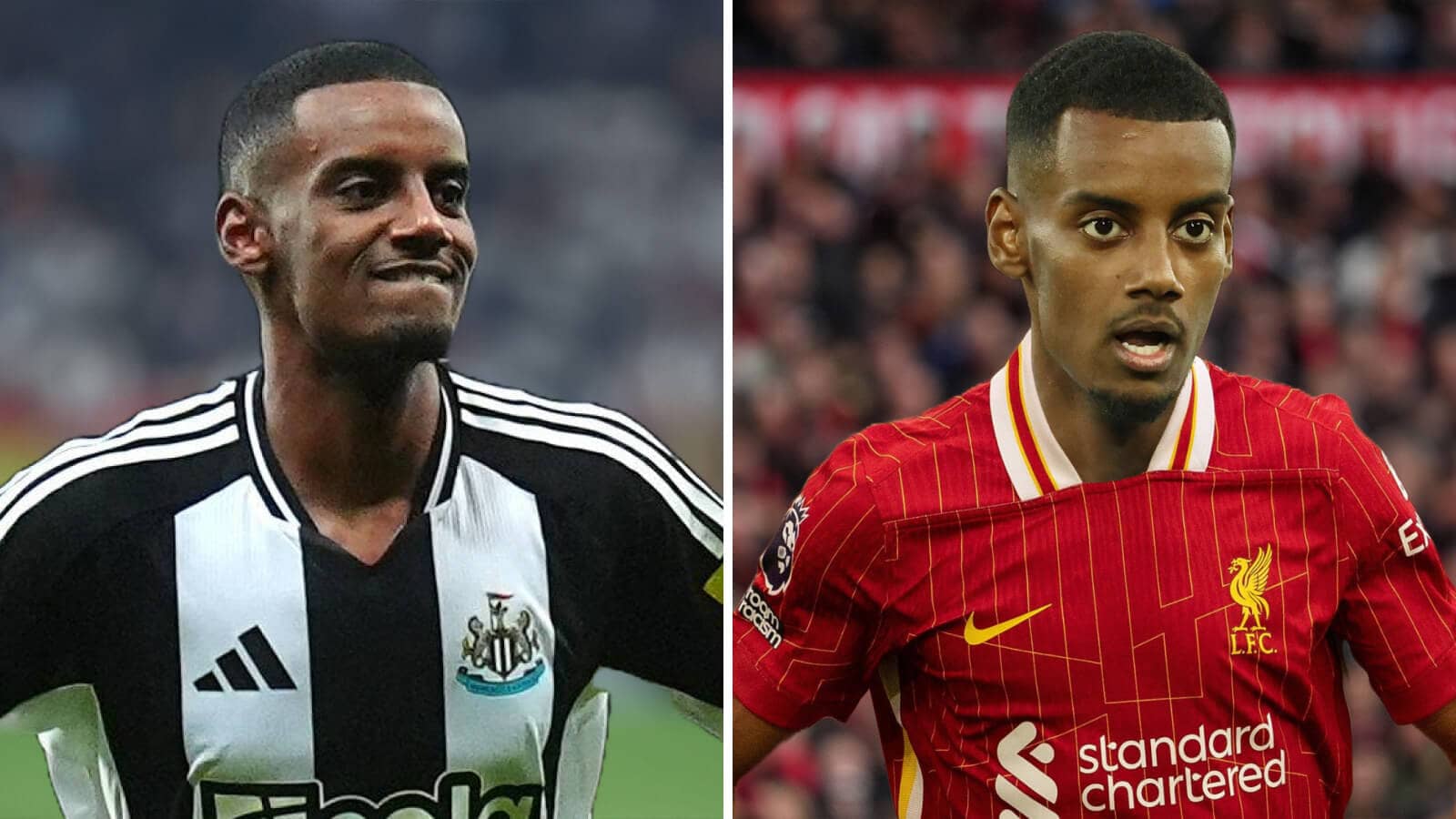 Newcastle striker Alexander Isak and how he might look in a Liverpool shirt with the kit Photoshopped on to him