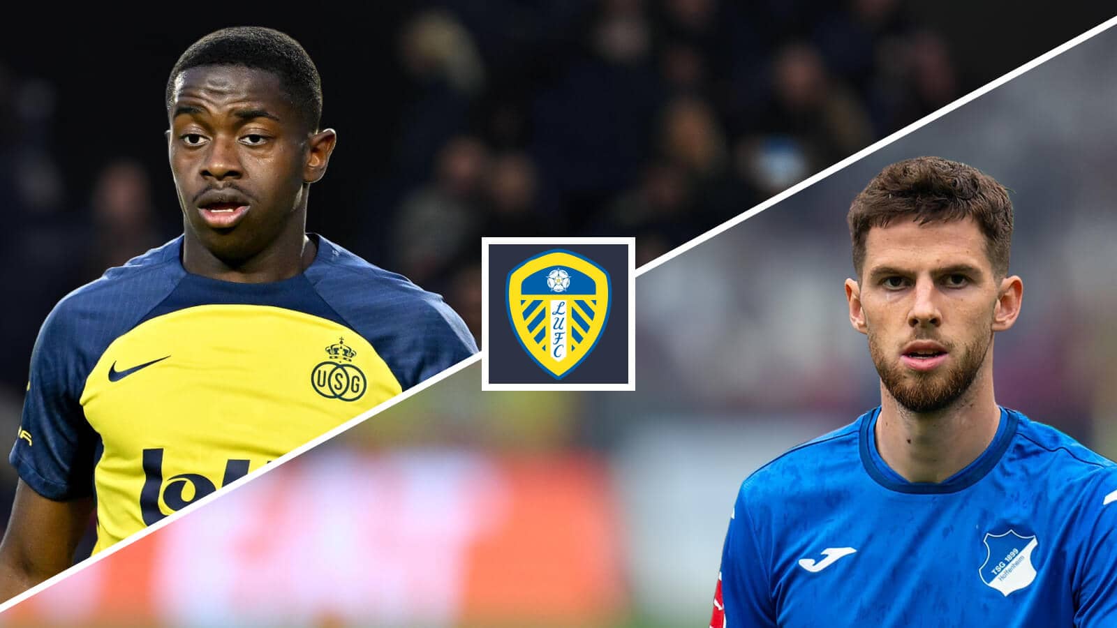 USG midifelder Noah Sadiki and Anton Stach of Hoffenheim with the Leeds United club crest in the middle