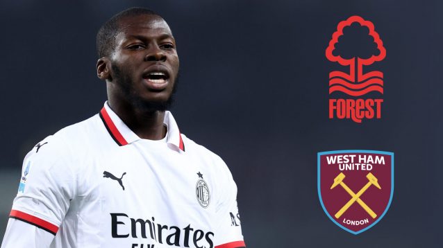 Yunus Musah with Nottingham Forest and West Ham badges