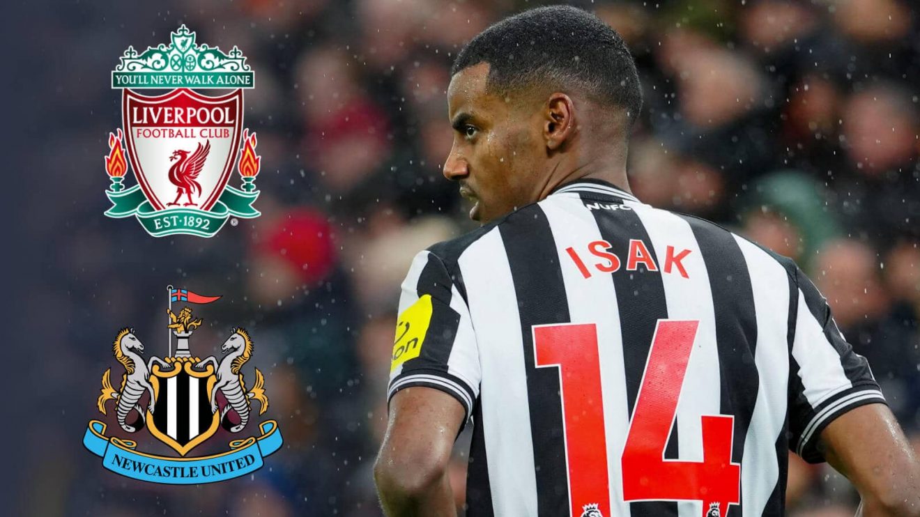 Newcastle striker Alexander Isak next to the badges of Liverpool FC and Newcastle United