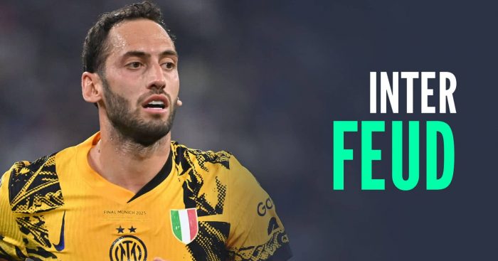 Inter Milan midfielder Hakan Calhanoglou with caption: Inter feud
