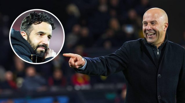 A graphic of Liverpool manager Arne Slot pointing at Manchester United manager Ruben Amorim