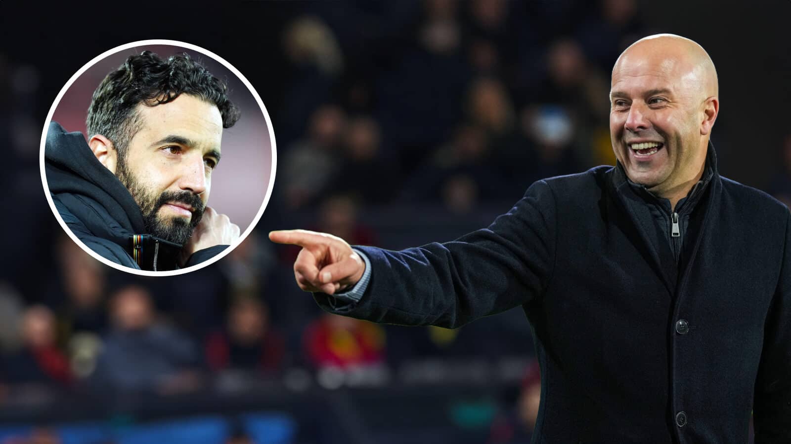 A graphic of Liverpool manager Arne Slot pointing at Manchester United manager Ruben Amorim