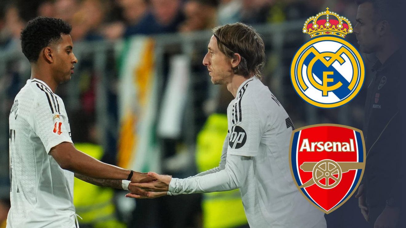Arsenal target Rodrygo with Real Madrid legend Luka Modric next to the Real Madrid and Arssenal badges - copyright TEAMtalk