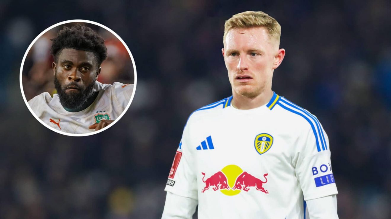 Newcastle star Sean Longstaff with a Leeds kit Photoshopped over him and, inset, winger Jeremie Boga