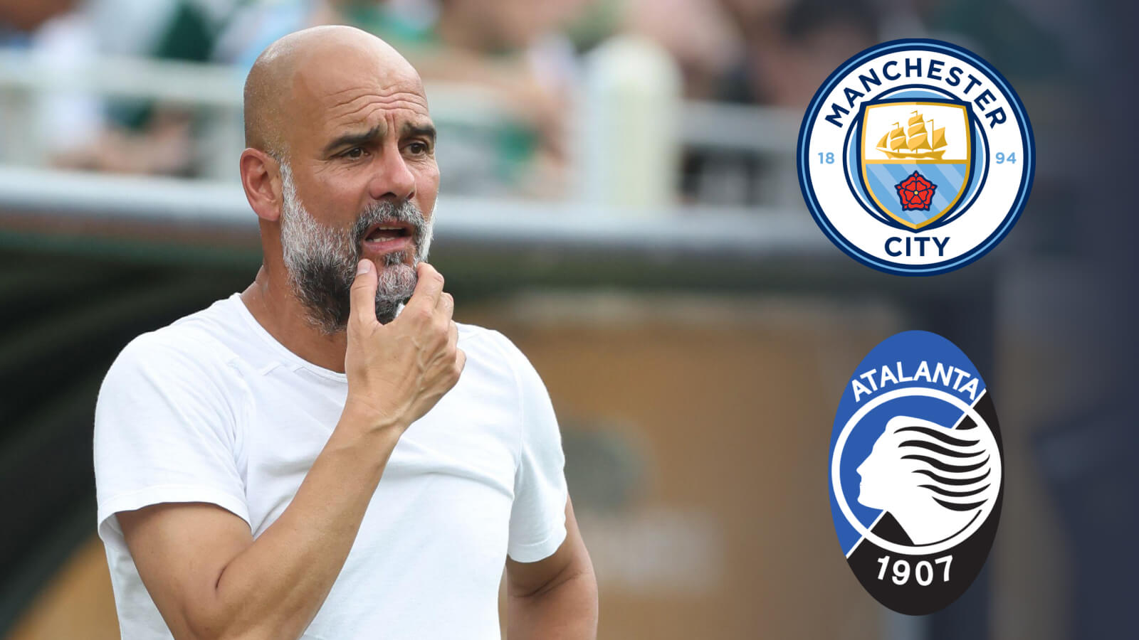 Pep Guardiola with Man City, Atalanta badges