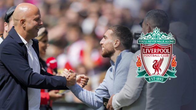 Arne Slot, Orkun Kokcu and Liverpool badge - copyright TEAMtalk