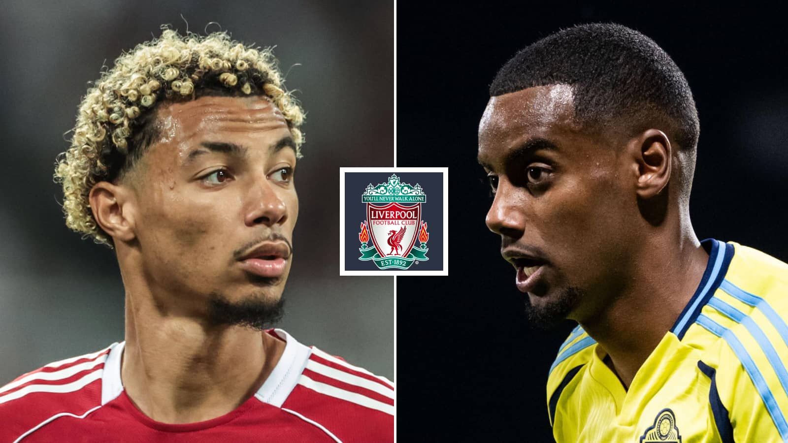 Alexander Isak and Hugo Ekitike with the Liverpool badge