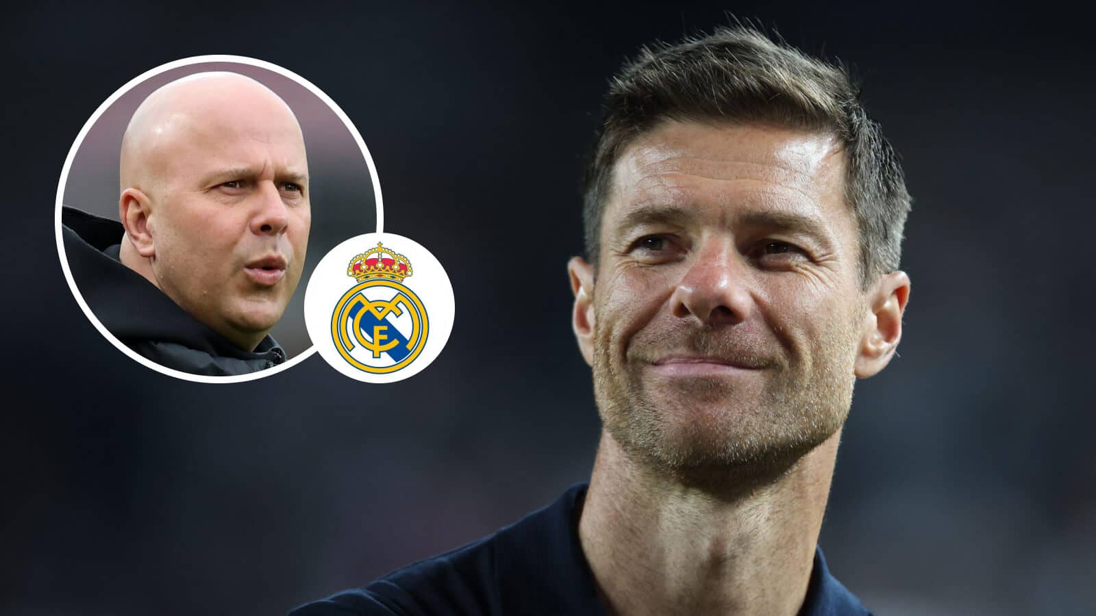 Liverpool manager Arne Slot, Real Madrid badge and Xabi Alonso - copyright TEAMtalk