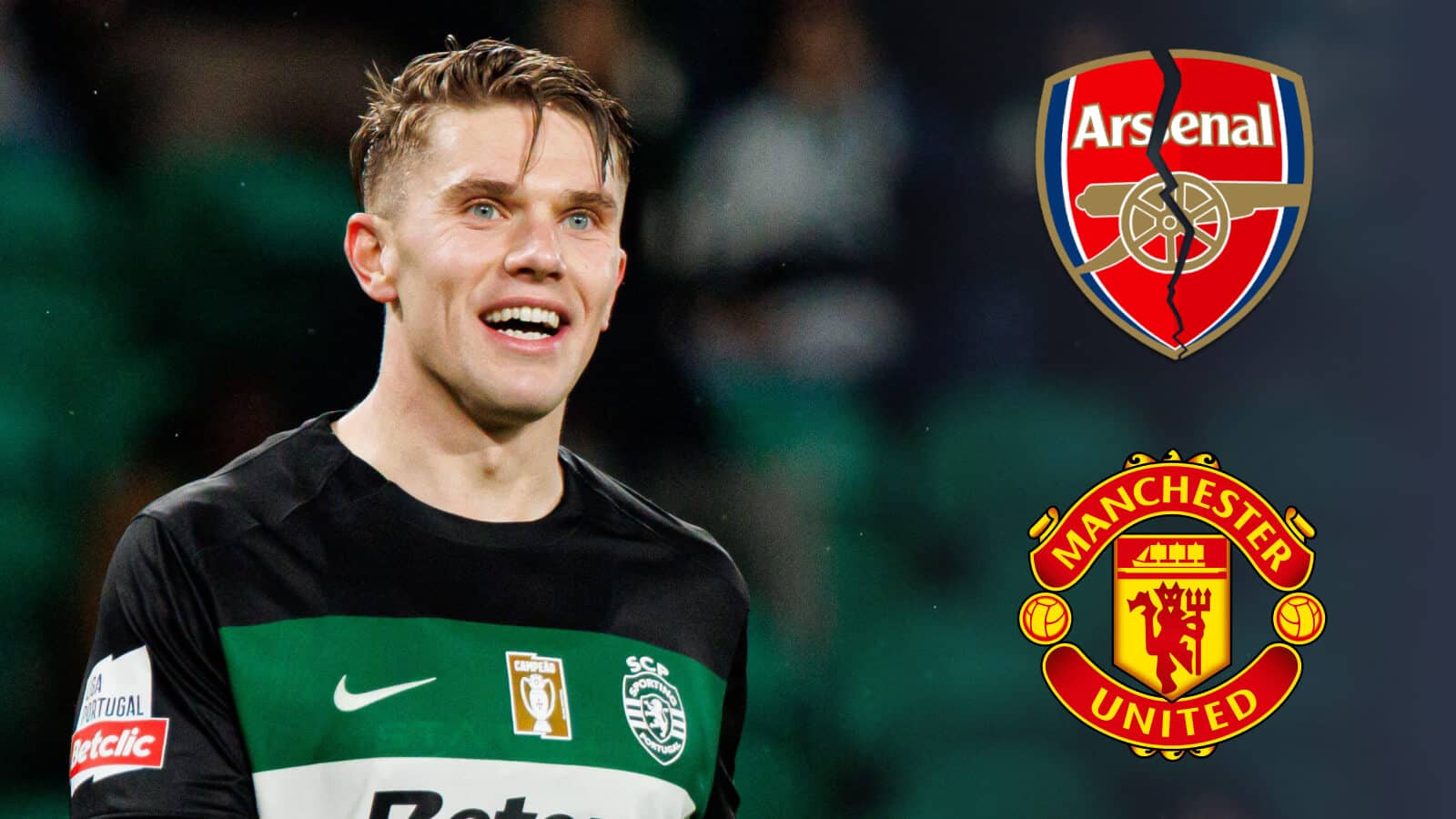 Viktor Gyokeres alongside a cracked Arsenal badge, and Manchester United badge