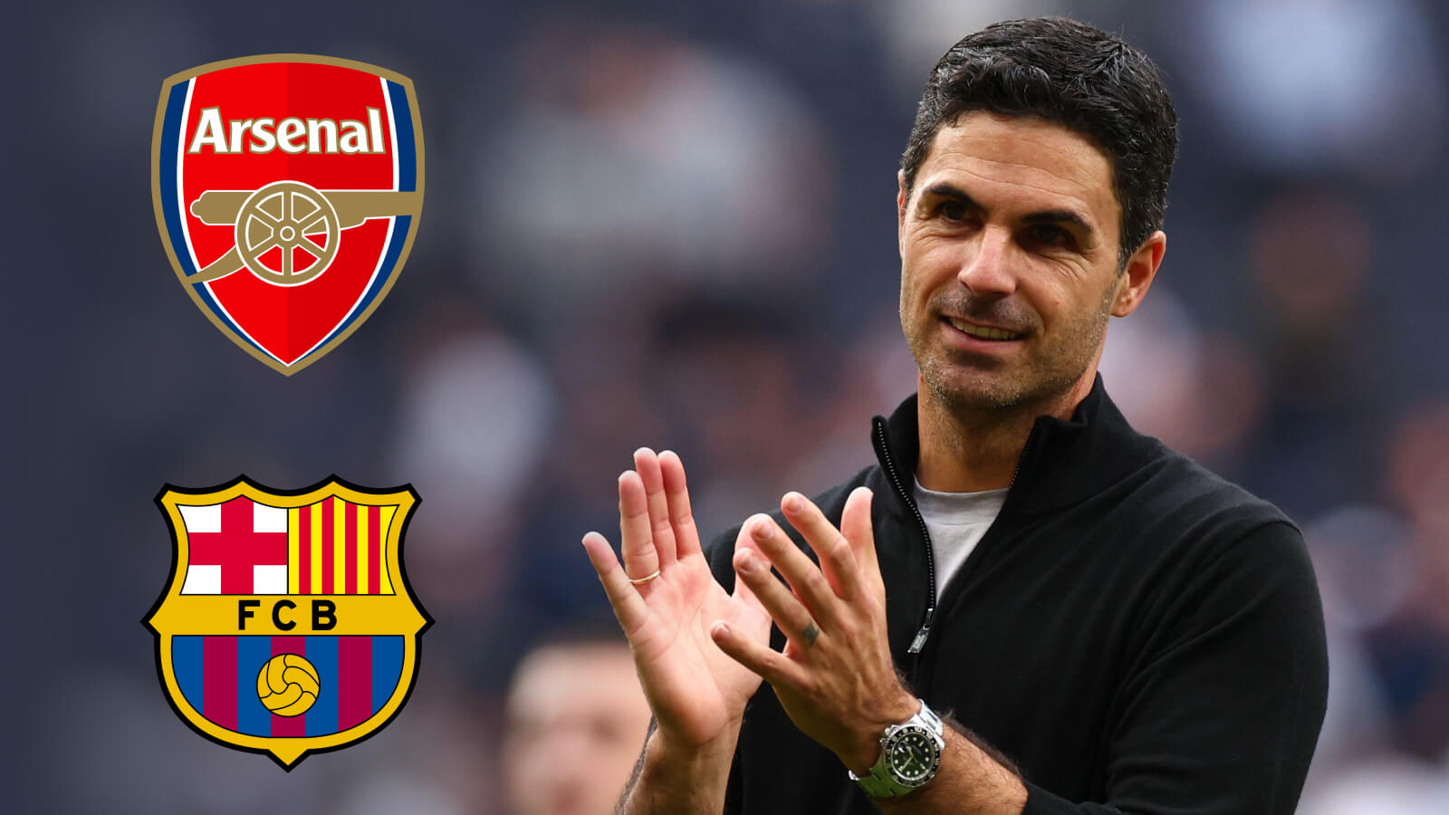 Mikel Arteta with Arsenal and Barcelona badges