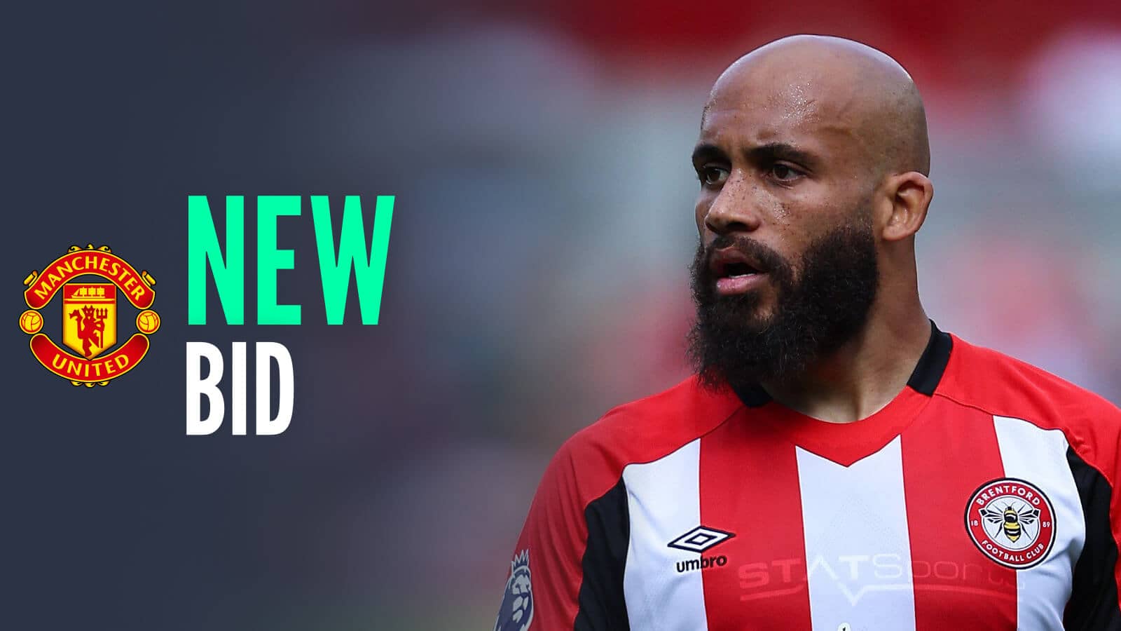 Brentford star Bryan Mbeumo, with a Man Utd badge and caption: New bid