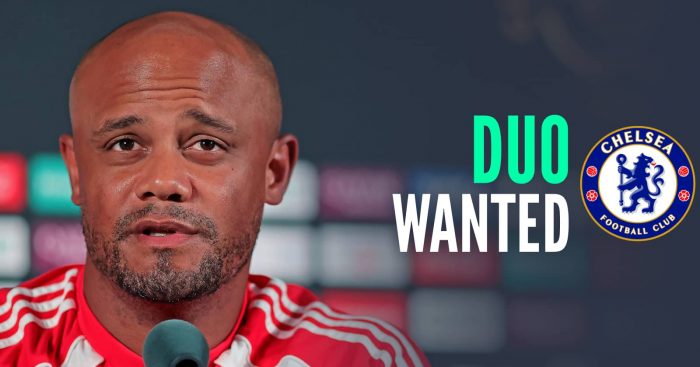 Bayern Munich manager Vincent Kompany, with Chelsea badge and text: Duo wanted