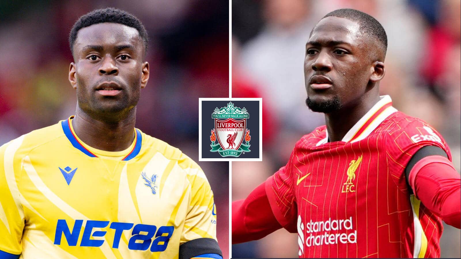 Crystal Palace defender Marc Guehi next to Liverpool defender Ibrahima Konate, either side of the Liverpool club crest