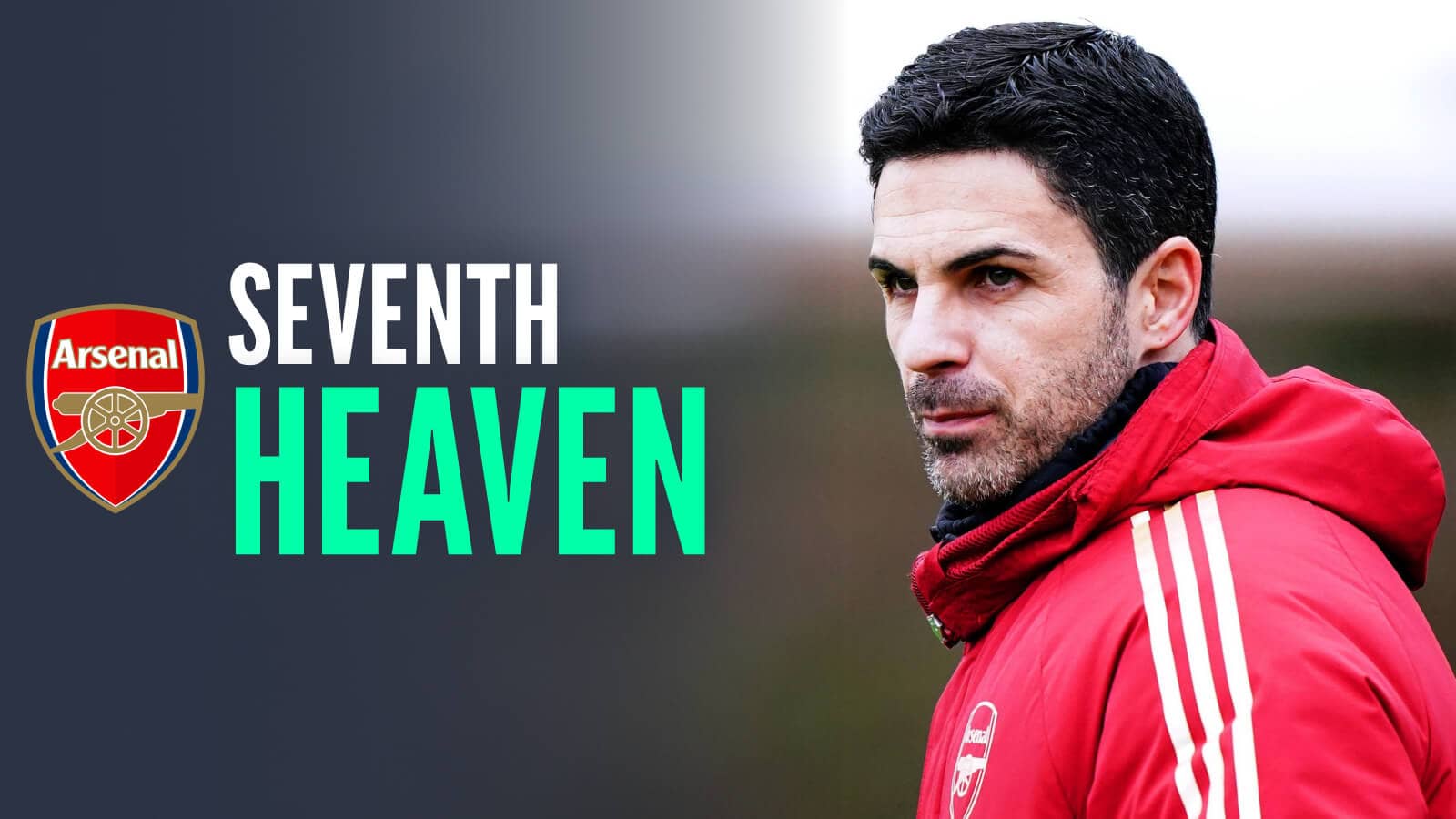 Arsenal boss Mikel Arteta next to the club crest and the words 'seventh heaven'