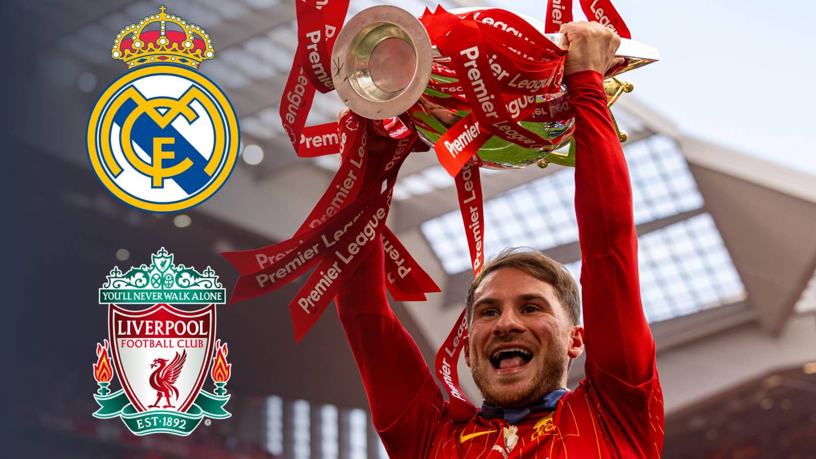 Alexis Mac Allister next to the Real Madrid and Liverpool badges - copyright TEAMtalk