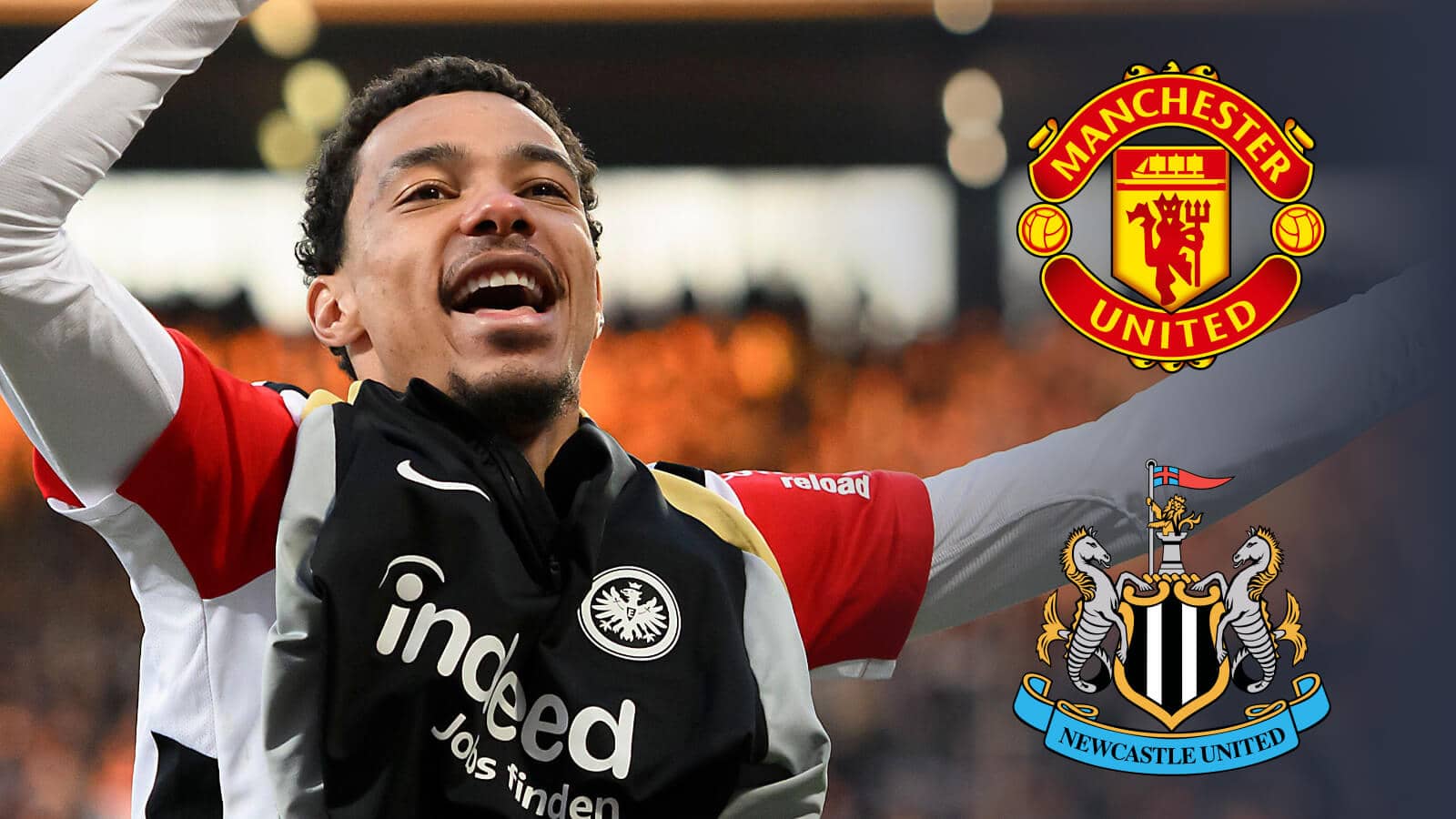 Eintracht Frankfurt striker Hugo Ekitike next to the badges of Manchester United and Newcastle United