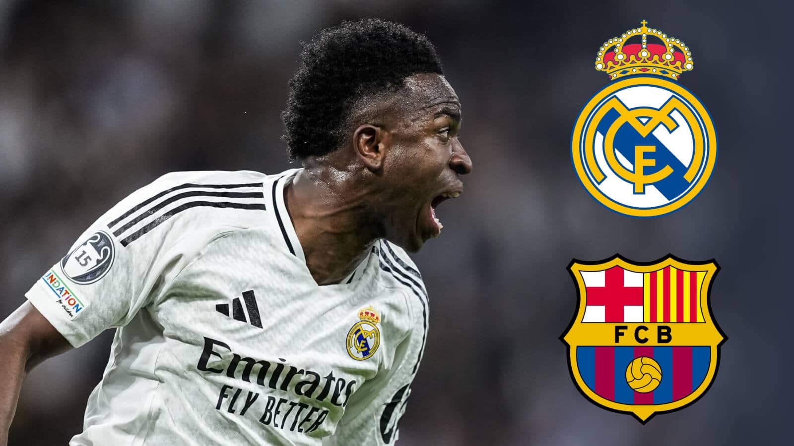 Vinicius Junior next to the Real Madrid and Barcelona badges - copyright TEAMtalk
