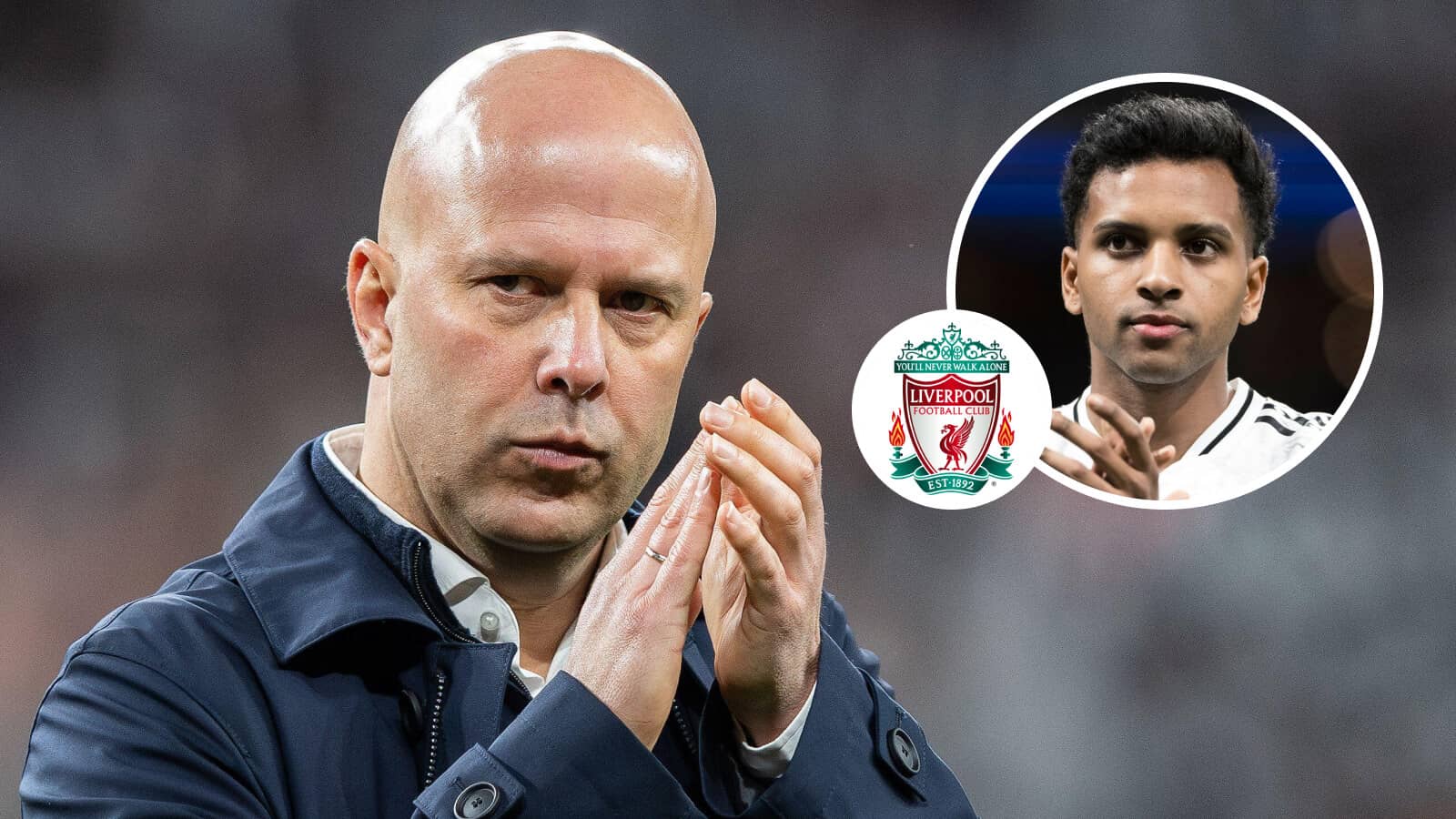 Liverpool manager Arne Slot and, inset, Real Madrid winger Rodrygo next to the Liverpool club crest