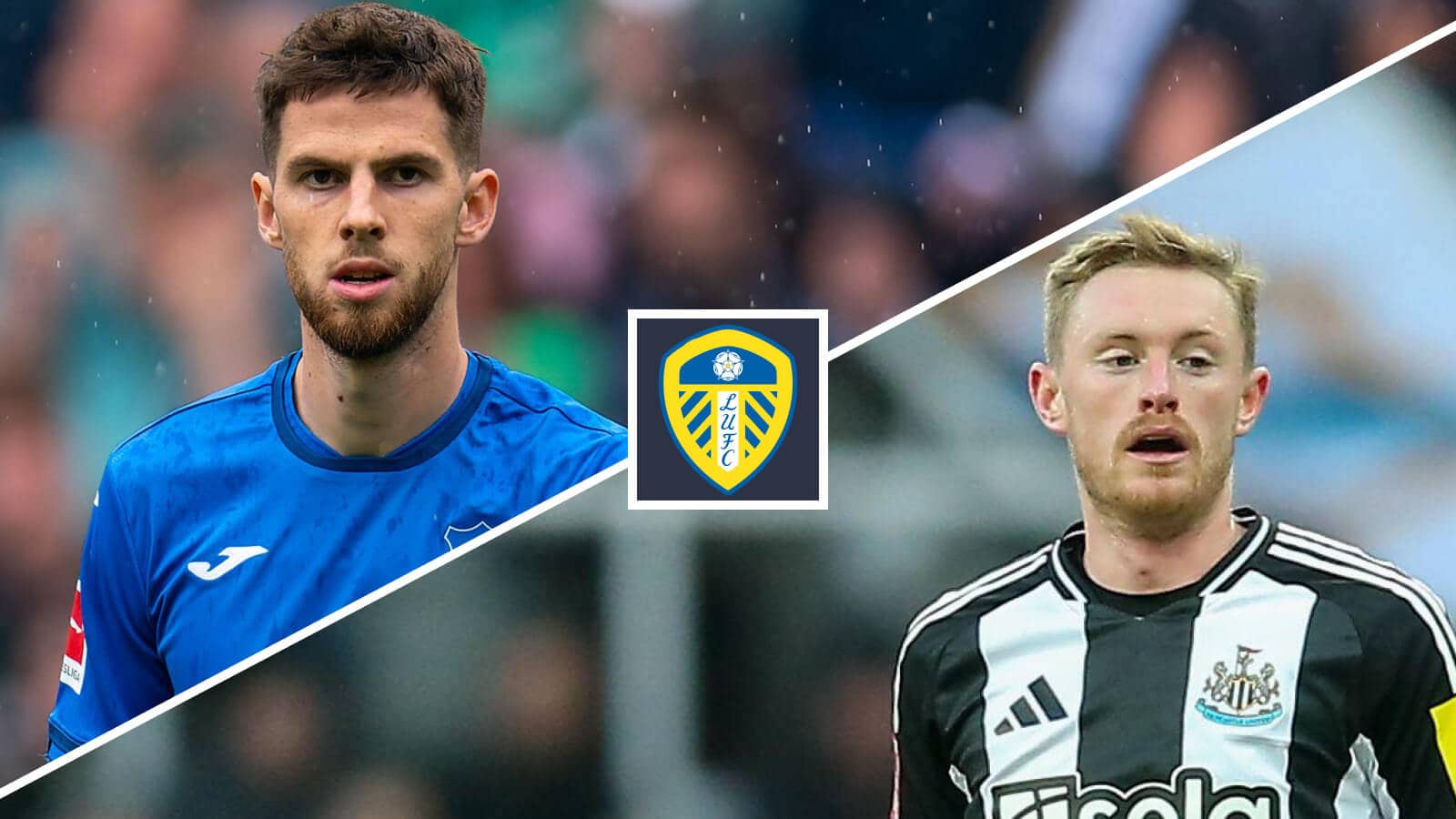 Hoffenheim midfielder Anton Stach and Sean Longstaff of Newcastle either side of the Leeds United club crest
