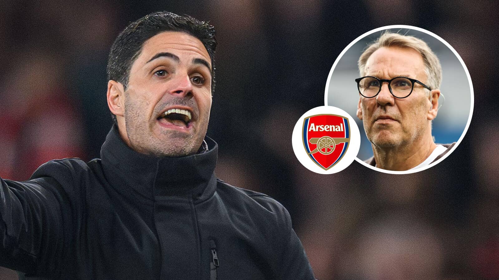 Mikel Arteta, Arsenal badge and Paul Merson - copyright TEAMtalk