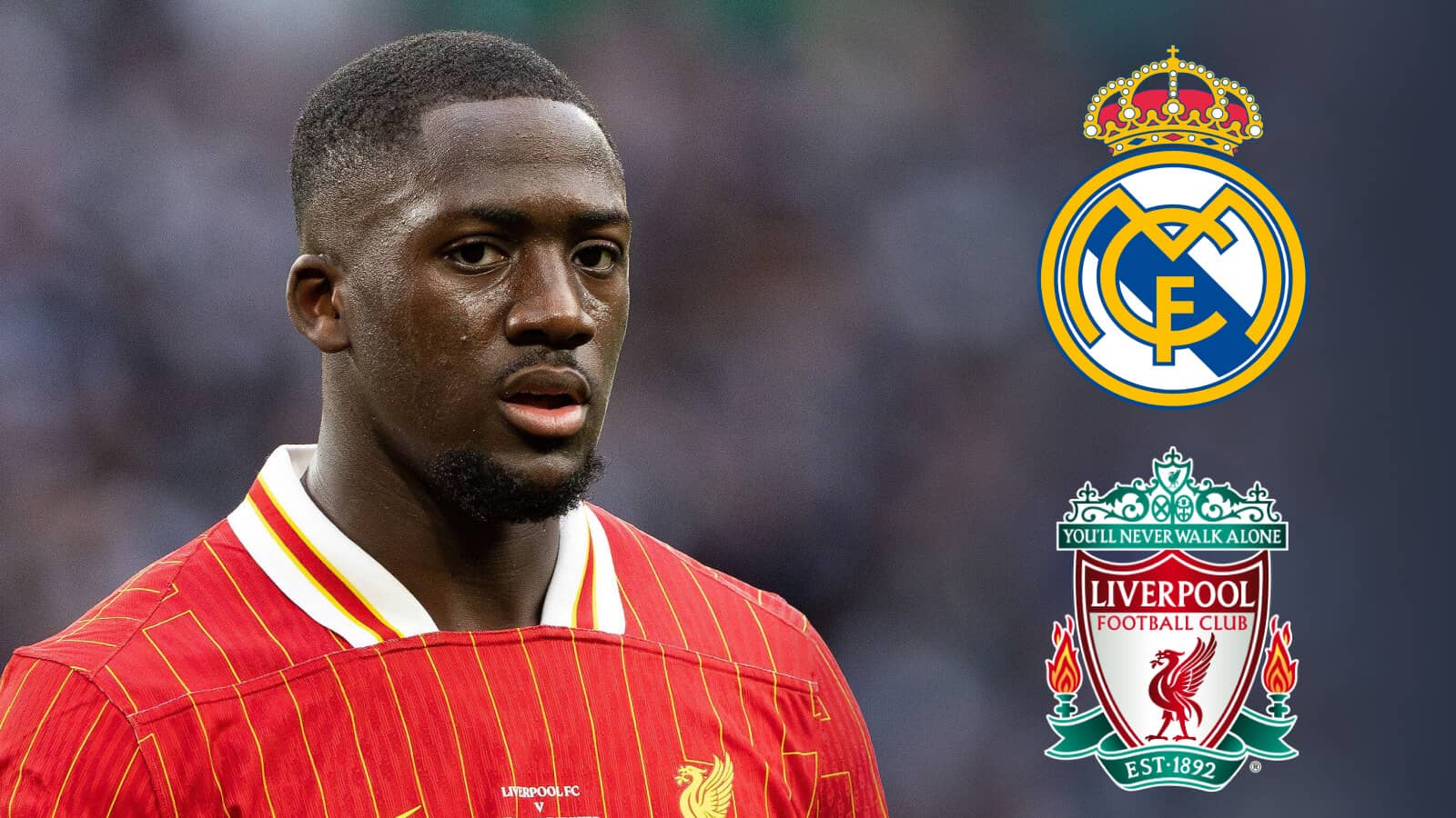 Ibrahima Konate next to the Real Madrid and Liverpool badges - copyright TEAMtalk