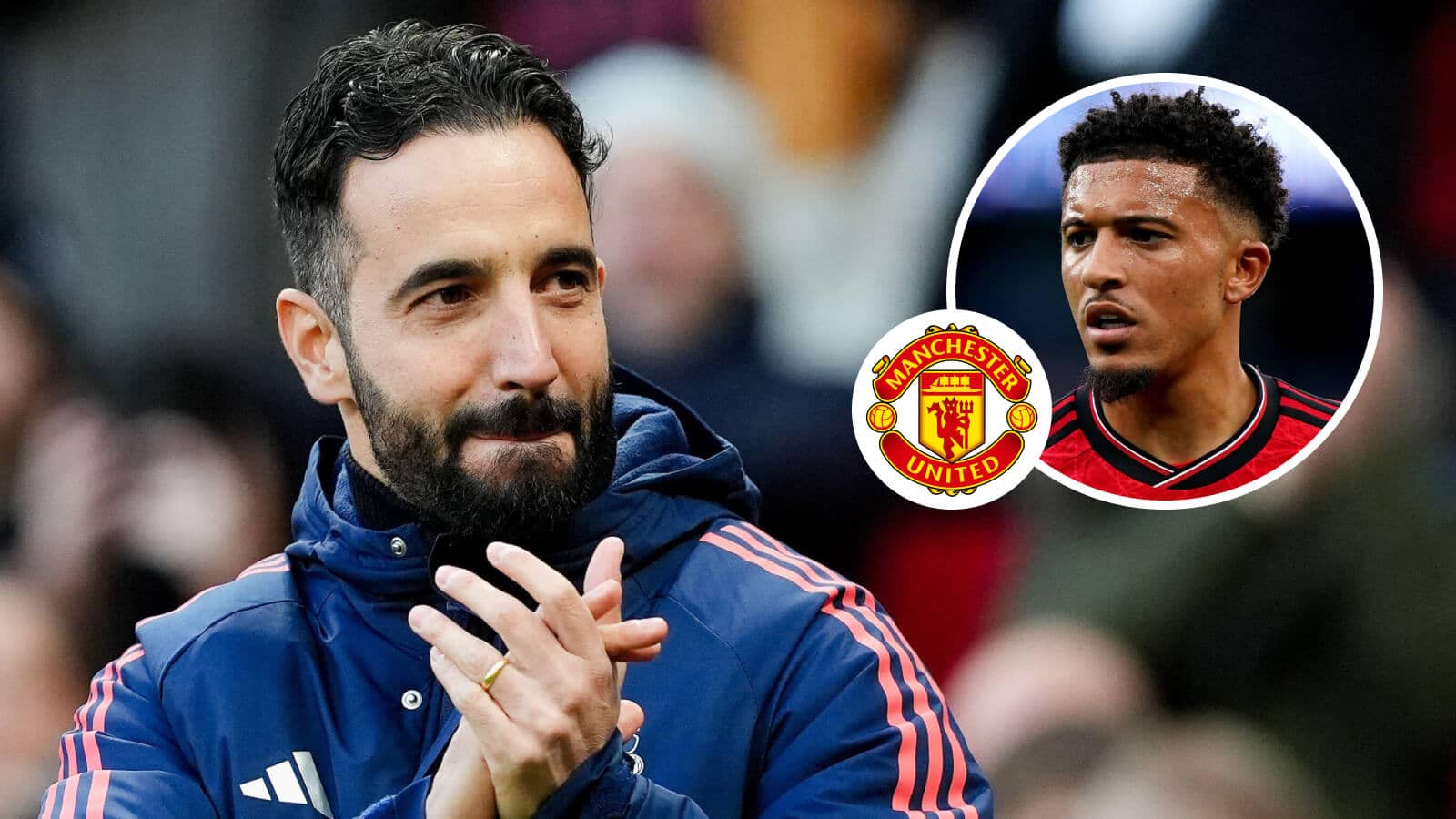 Ruben Amorim, Manchester United badge and Jadon Sancho - copyright TEAMtalk