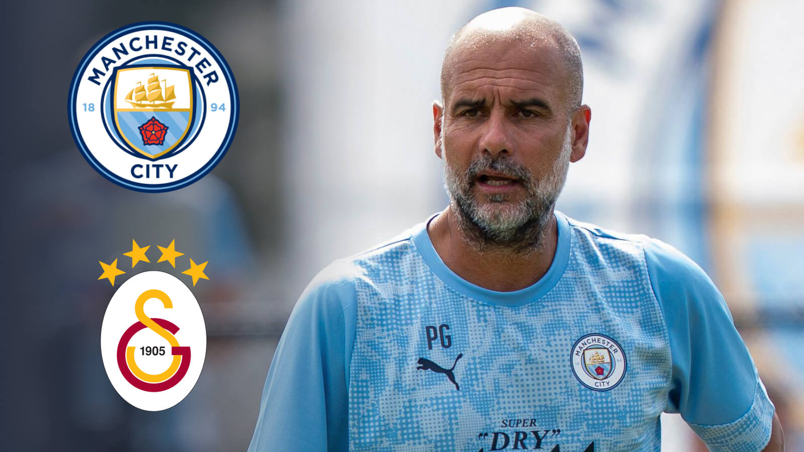 Pep Guardiola with Man City and Galatasaray badges