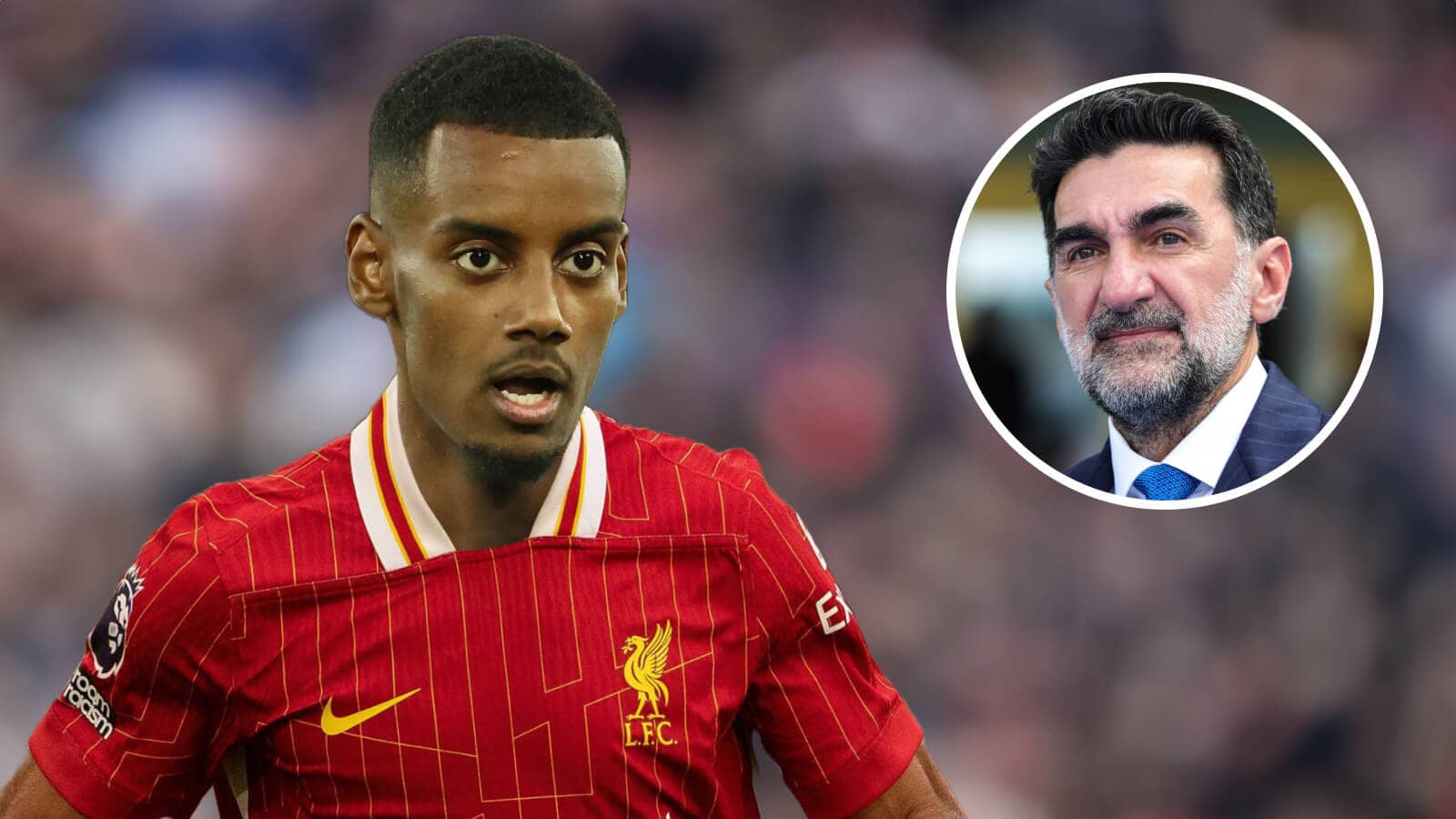 Alexander Isak with a Liverpool shirt Photoshopped on him and, inset, Newcastle chairman Yasir Al-Rumayyan