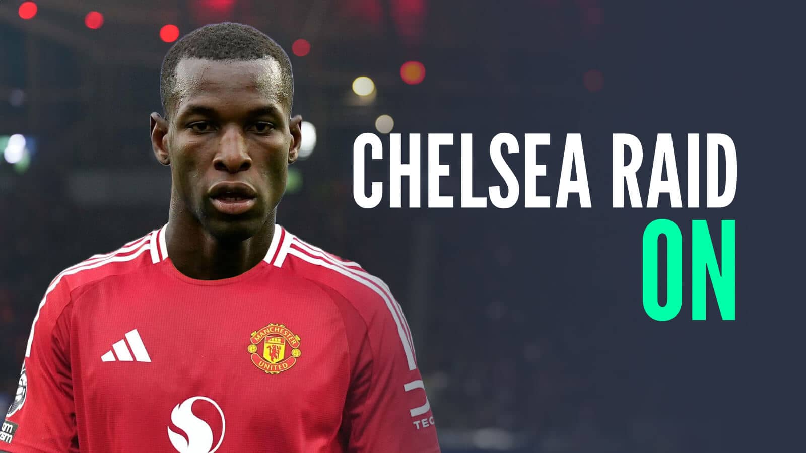 Chelsea striker Nicolas Jackson with a Man Utd shirt Photoshopped on to him and the words 'Chelsea raid on'