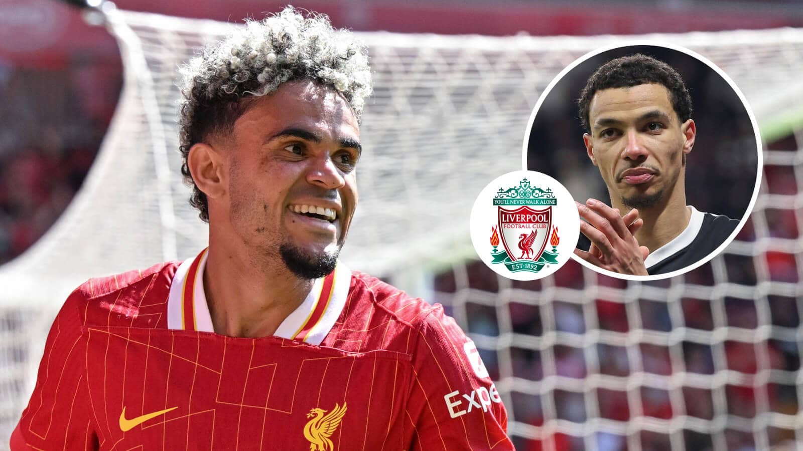 Luis Diaz, Liverpool badge and Hugo Ekitike - copyright TEAMtalk