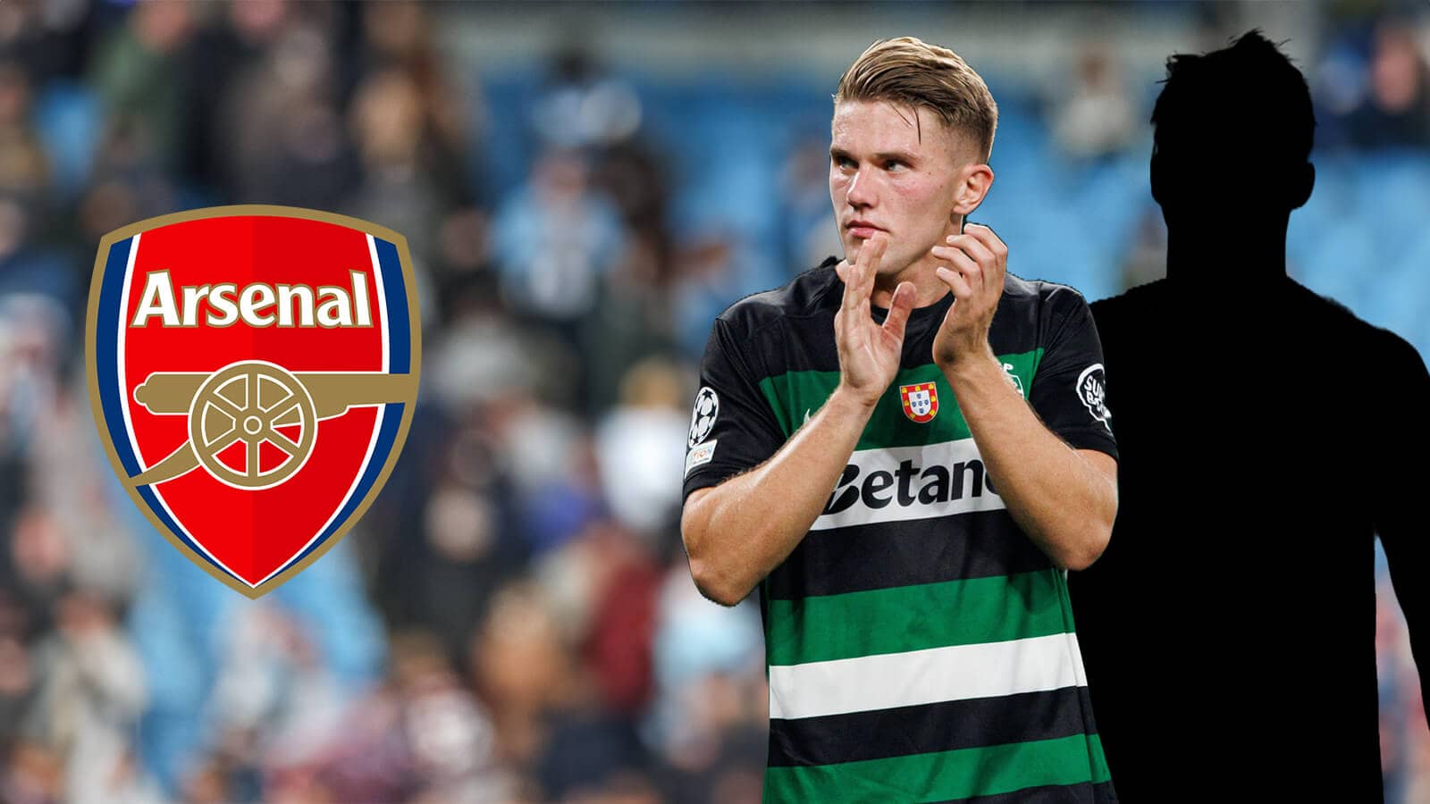 Arsenal badge, Sporting CP striker Viktor Gyokeres and shawdow of another player - copyright TEAMtalk