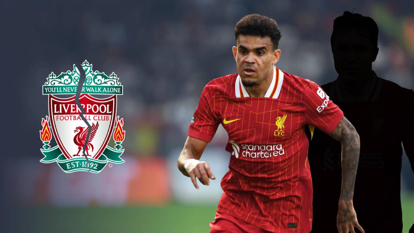 Luis Diaz, pictured with a silhouette and a torn in half Liverpool badge