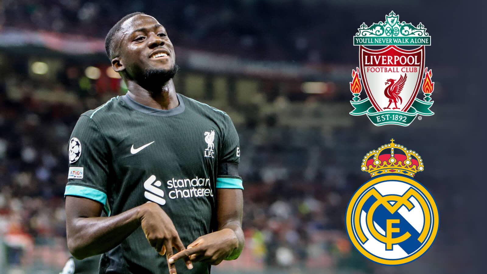 Liverpool defender Ibrahima Konate next to the badges of Liverpool FC and Real Madrid