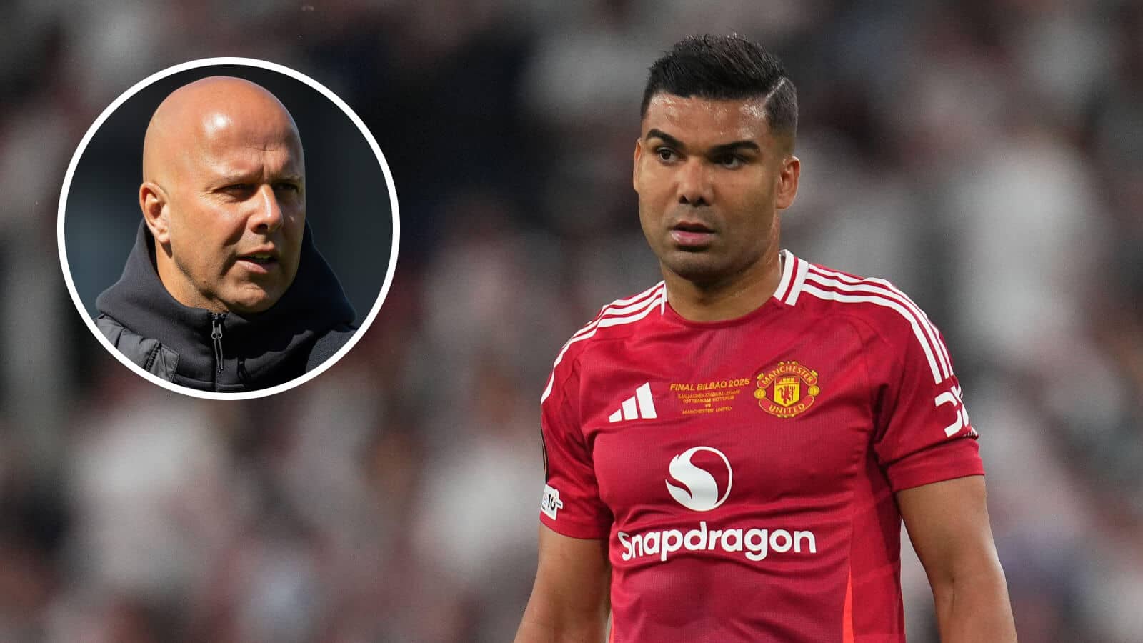 Manchester United midfielder Casemiro and, inset, Liverpool manager Arne Slot