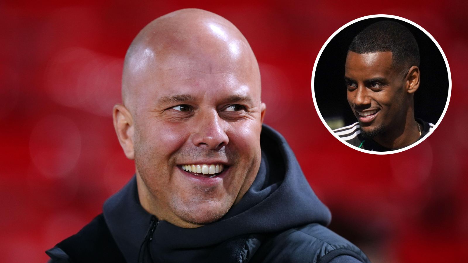 Liverpool manager Arne Slot alongside Newcastle striker Alexander Isak
