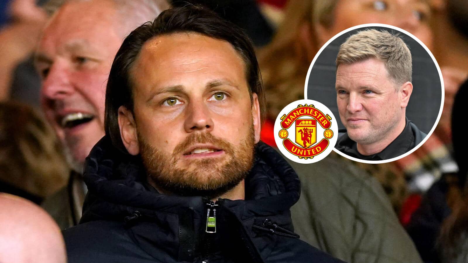 Manchester United's Christopher Vivell and Eddie Howe of Newcastle United with the Man Utd badge between them - copyright TEAMtalk